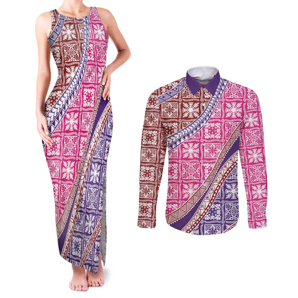 Hawaiian Quilt Pattern Couples Matching Tank Maxi Dress and Long Sleeve Button Shirt Sweet Color Mixed LT01 Pink - Polynesian Pride