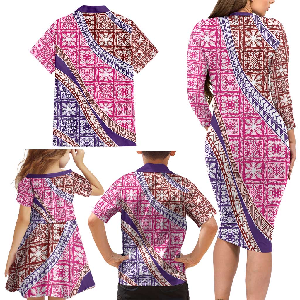 Hawaiian Quilt Pattern Family Matching Long Sleeve Bodycon Dress and Hawaiian Shirt Sweet Color Mixed LT01 - Polynesian Pride