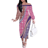 Hawaiian Quilt Pattern Family Matching Off The Shoulder Long Sleeve Dress and Hawaiian Shirt Sweet Color Mixed LT01 Mom's Dress Pink - Polynesian Pride