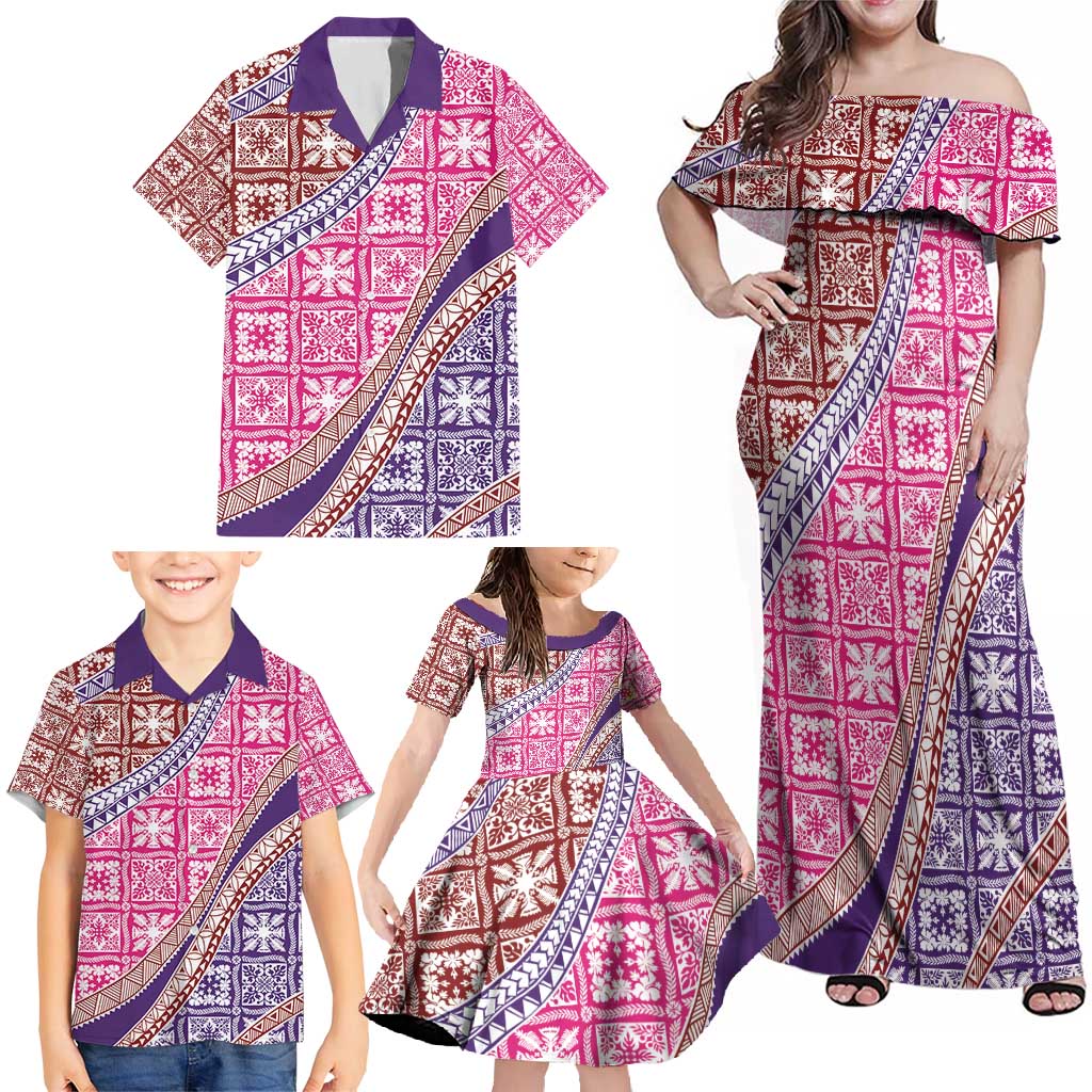Hawaiian Quilt Pattern Family Matching Off Shoulder Maxi Dress and Hawaiian Shirt Sweet Color Mixed LT01 - Polynesian Pride