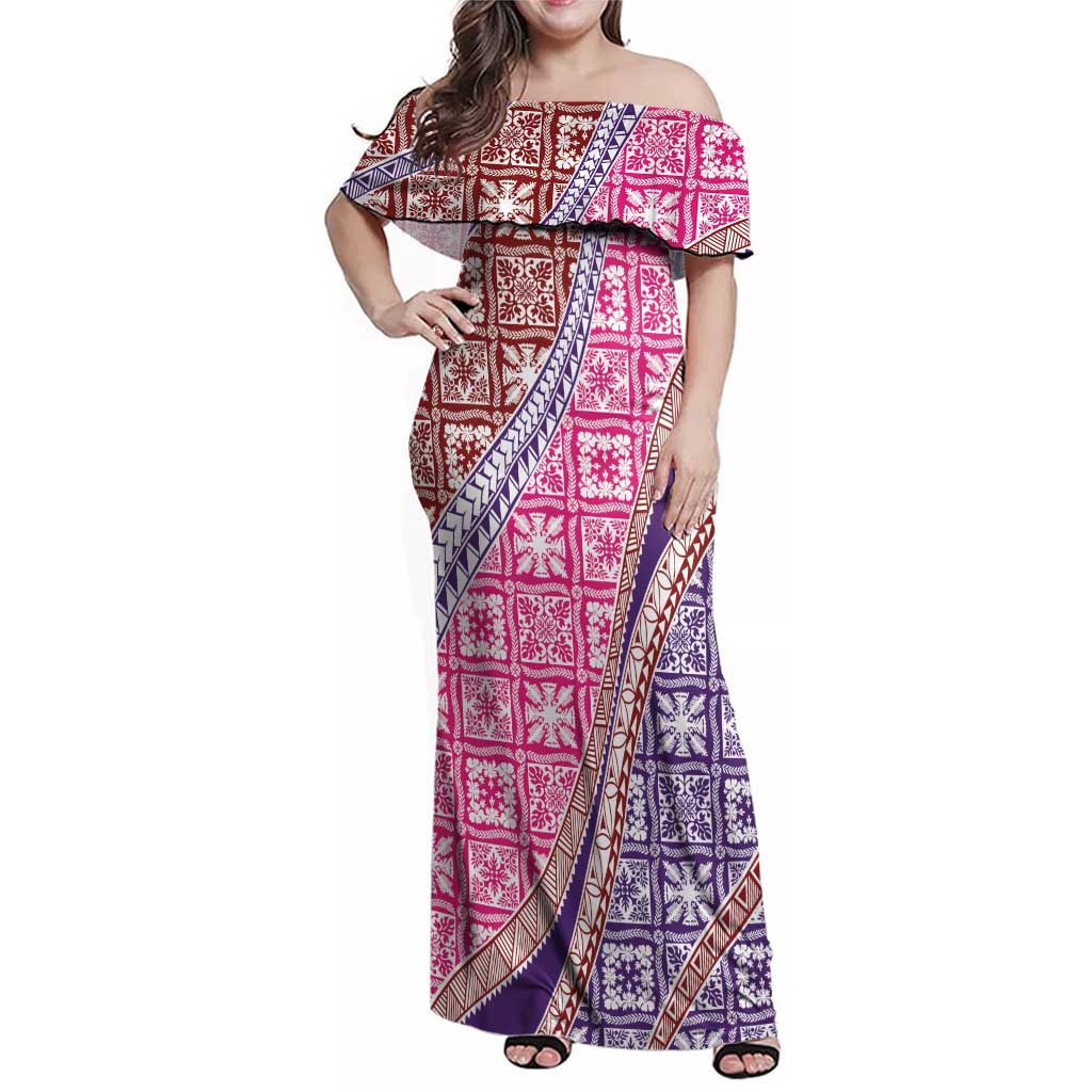 Hawaiian Quilt Pattern Family Matching Off Shoulder Maxi Dress and Hawaiian Shirt Sweet Color Mixed LT01 Mom's Dress Pink - Polynesian Pride