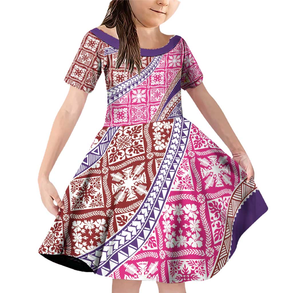 Hawaiian Quilt Pattern Family Matching Off Shoulder Short Dress and Hawaiian Shirt Sweet Color Mixed LT01 Daughter's Dress Pink - Polynesian Pride