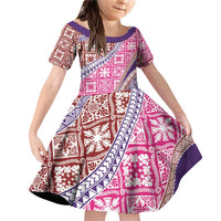 Hawaiian Quilt Pattern Family Matching Off Shoulder Short Dress and Hawaiian Shirt Sweet Color Mixed LT01 Daughter's Dress Pink - Polynesian Pride