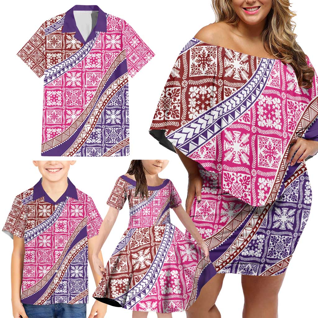 Hawaiian Quilt Pattern Family Matching Off Shoulder Short Dress and Hawaiian Shirt Sweet Color Mixed LT01 - Polynesian Pride
