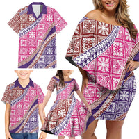 Hawaiian Quilt Pattern Family Matching Off Shoulder Short Dress and Hawaiian Shirt Sweet Color Mixed LT01 - Polynesian Pride