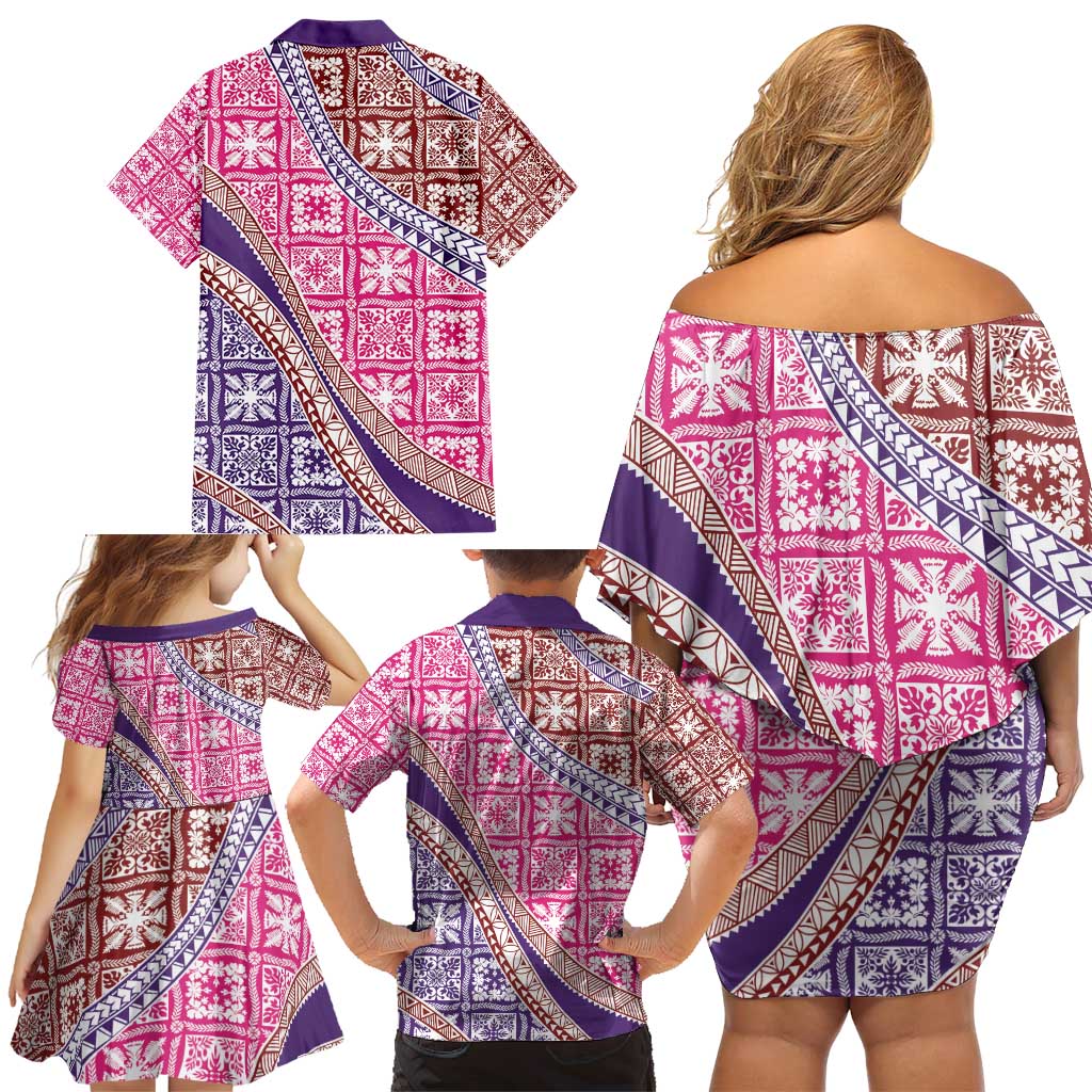Hawaiian Quilt Pattern Family Matching Off Shoulder Short Dress and Hawaiian Shirt Sweet Color Mixed LT01 - Polynesian Pride