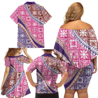 Hawaiian Quilt Pattern Family Matching Off Shoulder Short Dress and Hawaiian Shirt Sweet Color Mixed LT01 - Polynesian Pride