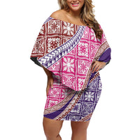 Hawaiian Quilt Pattern Family Matching Off Shoulder Short Dress and Hawaiian Shirt Sweet Color Mixed LT01 Mom's Dress Pink - Polynesian Pride