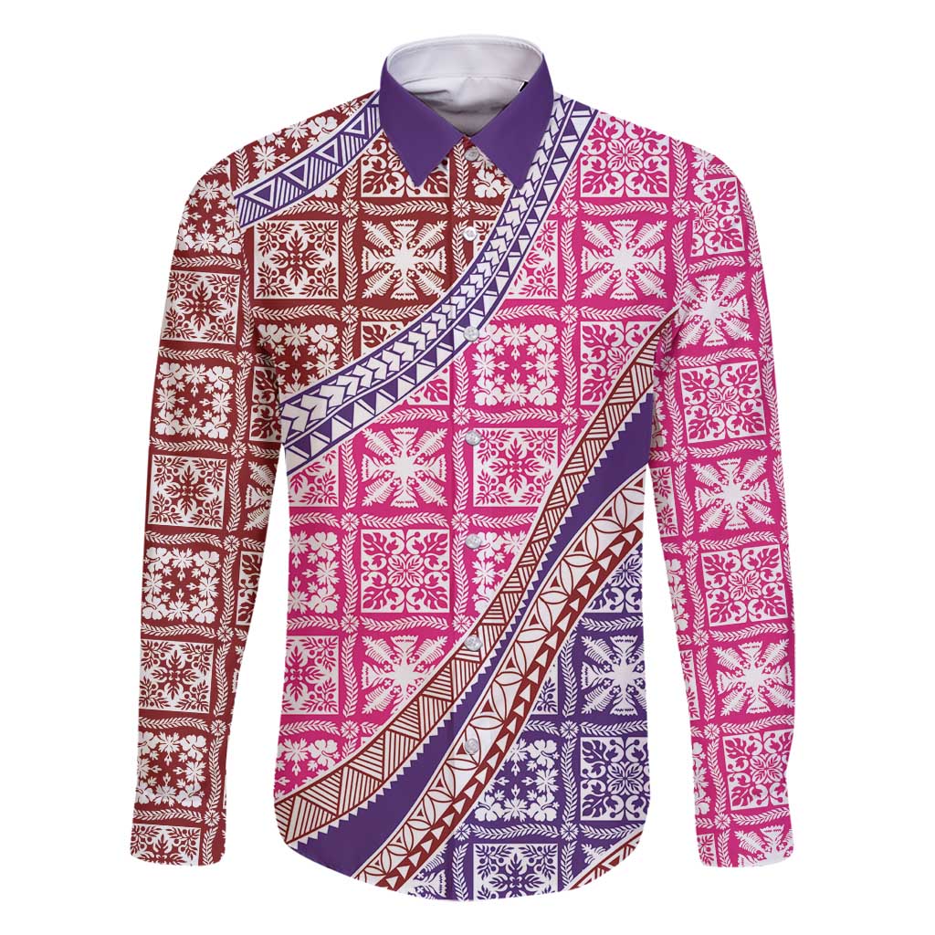 Hawaiian Quilt Pattern Family Matching Summer Maxi Dress and Hawaiian Shirt Sweet Color Mixed LT01 Dad's Shirt - Long Sleeve Pink - Polynesian Pride