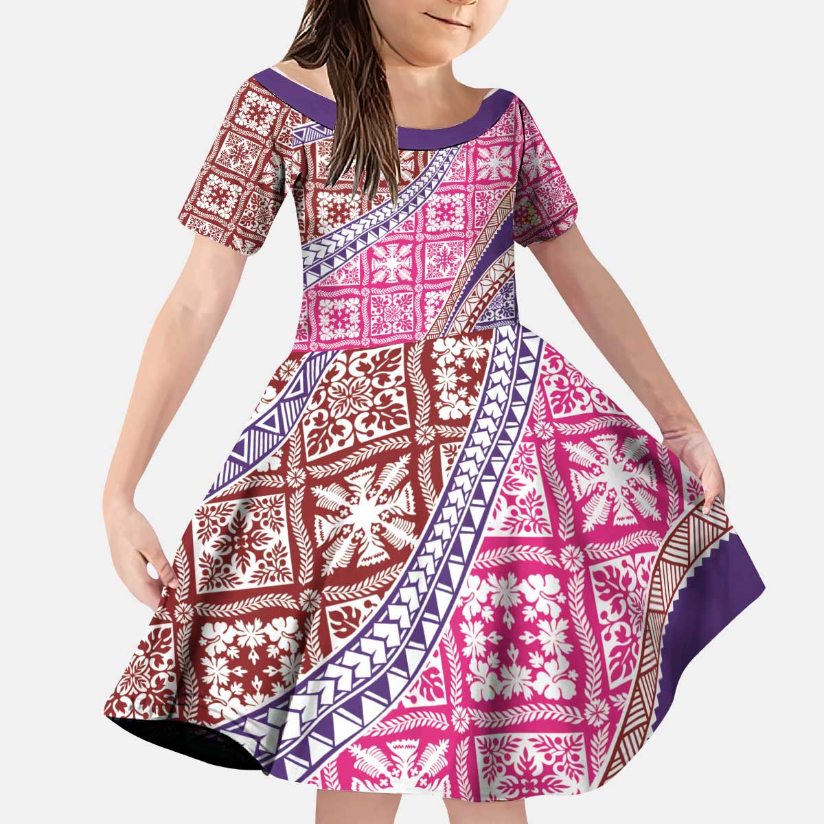Hawaiian Quilt Pattern Kid Short Sleeve Dress Sweet Color Mixed LT01 KID Pink - Polynesian Pride