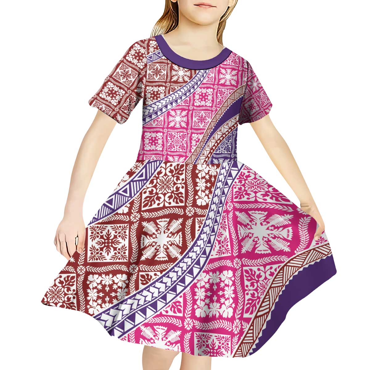 Hawaiian Quilt Pattern Kid Short Sleeve Dress Sweet Color Mixed LT01 - Polynesian Pride