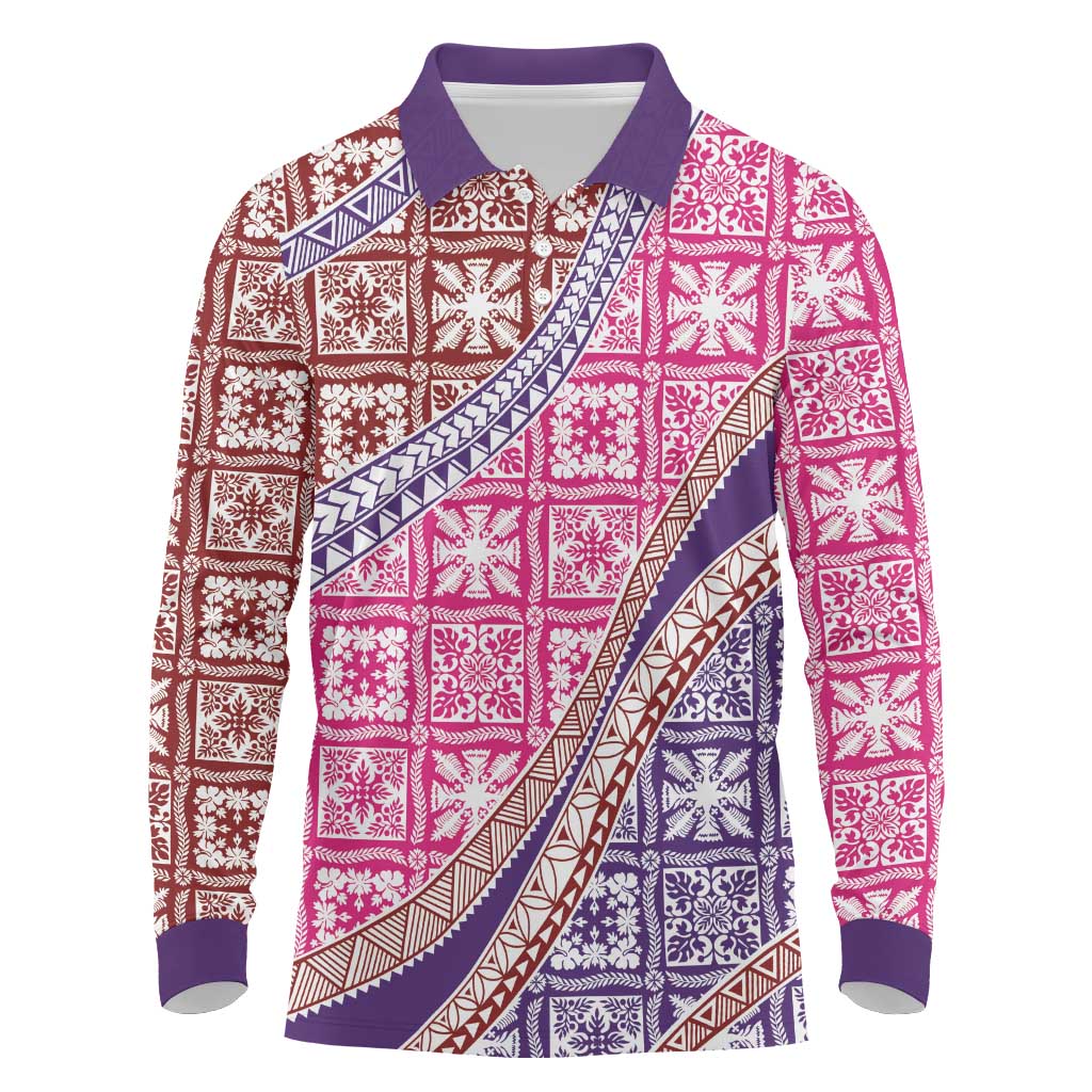 Hawaiian Quilt Pattern Long Sleeve Polo Shirt Sweet Color Mixed LT01 Pink - Polynesian Pride