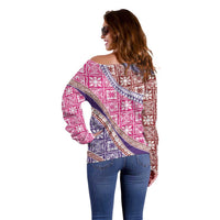 Hawaiian Quilt Pattern Off Shoulder Sweater Sweet Color Mixed - Polynesian Pride