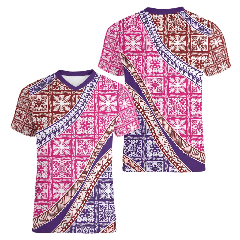 Hawaiian Quilt Pattern Women V-Neck T-Shirt Sweet Color Mixed - Polynesian Pride