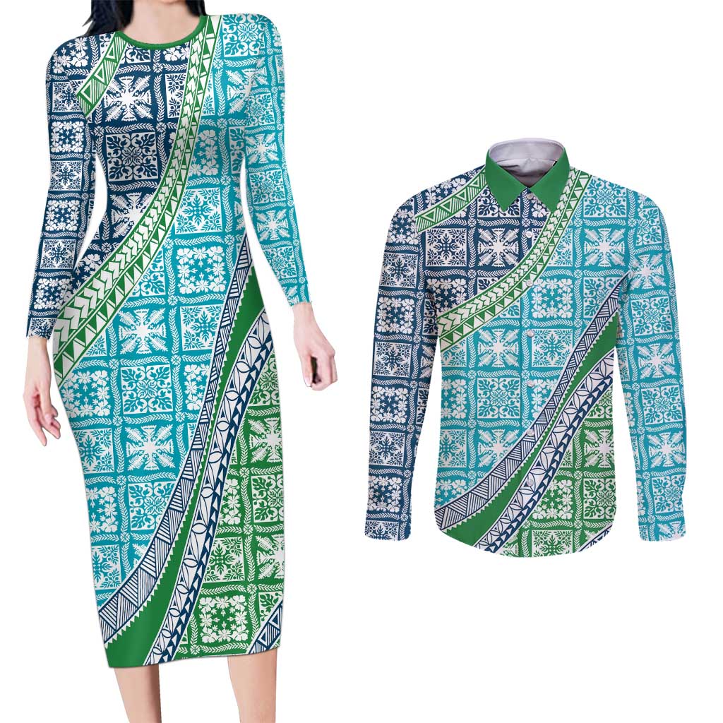 Hawaiian Quilt Pattern Couples Matching Long Sleeve Bodycon Dress and Long Sleeve Button Shirt Fresh Color Mixed LT01 Green - Polynesian Pride