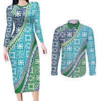 Hawaiian Quilt Pattern Couples Matching Long Sleeve Bodycon Dress and Long Sleeve Button Shirt Fresh Color Mixed LT01 Green - Polynesian Pride