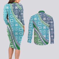 Hawaiian Quilt Pattern Couples Matching Long Sleeve Bodycon Dress and Long Sleeve Button Shirt Fresh Color Mixed LT01 - Polynesian Pride