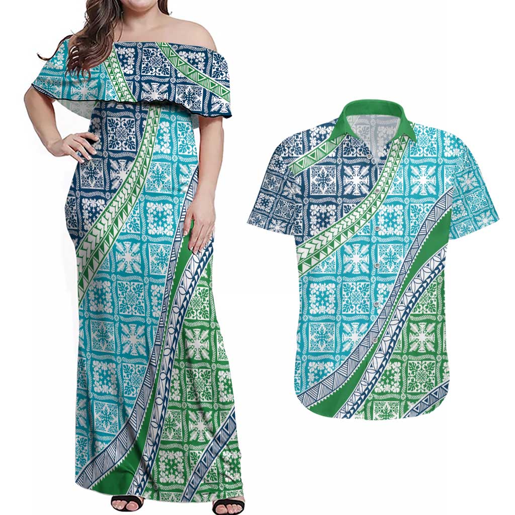 Hawaiian Quilt Pattern Couples Matching Off Shoulder Maxi Dress and Hawaiian Shirt Fresh Color Mixed LT01 Green - Polynesian Pride