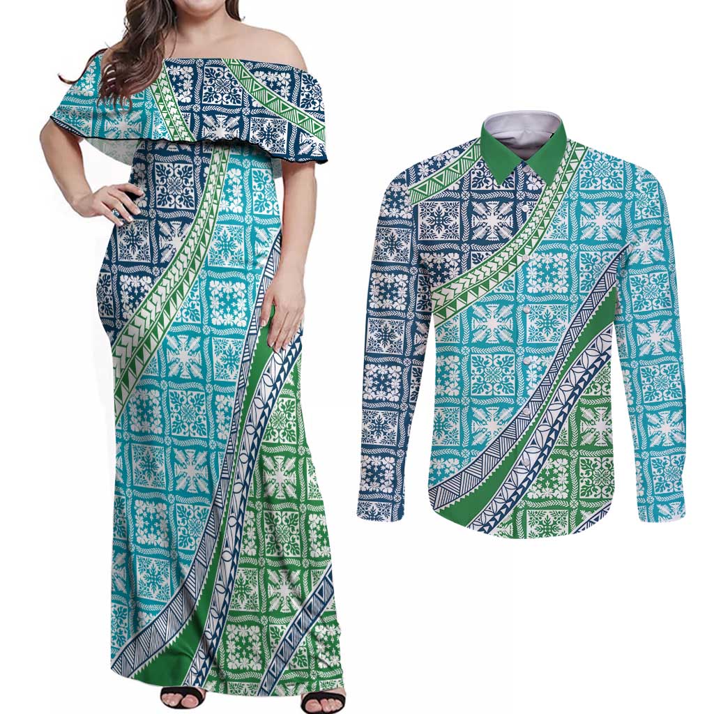 Hawaiian Quilt Pattern Couples Matching Off Shoulder Maxi Dress and Long Sleeve Button Shirt Fresh Color Mixed LT01 Green - Polynesian Pride