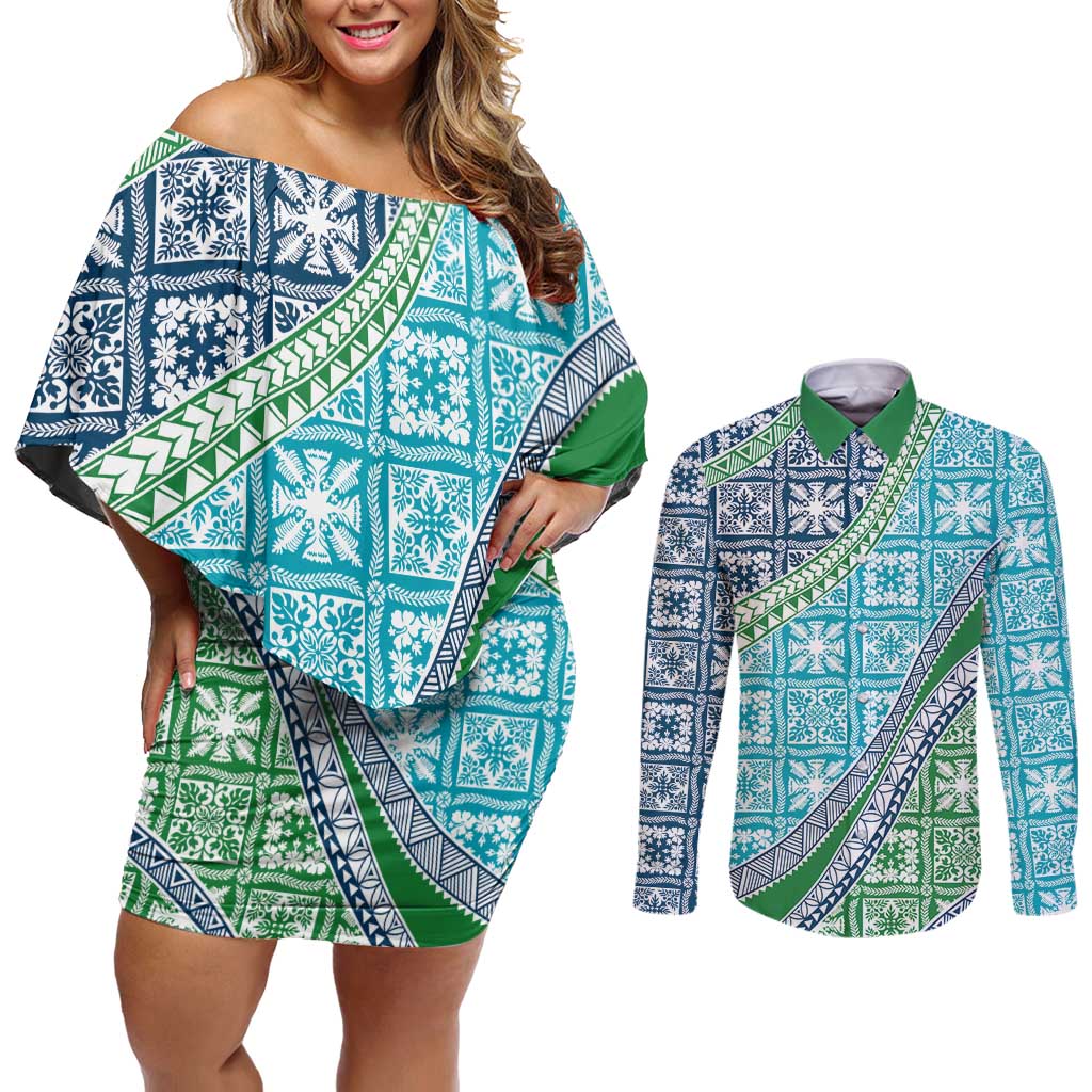 Hawaiian Quilt Pattern Couples Matching Off Shoulder Short Dress and Long Sleeve Button Shirt Fresh Color Mixed LT01 Green - Polynesian Pride