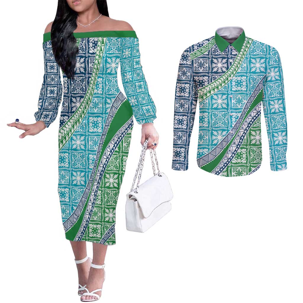 Hawaiian Quilt Pattern Couples Matching Off The Shoulder Long Sleeve Dress and Long Sleeve Button Shirt Fresh Color Mixed LT01 Green - Polynesian Pride