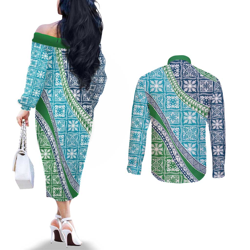Hawaiian Quilt Pattern Couples Matching Off The Shoulder Long Sleeve Dress and Long Sleeve Button Shirt Fresh Color Mixed - Polynesian Pride