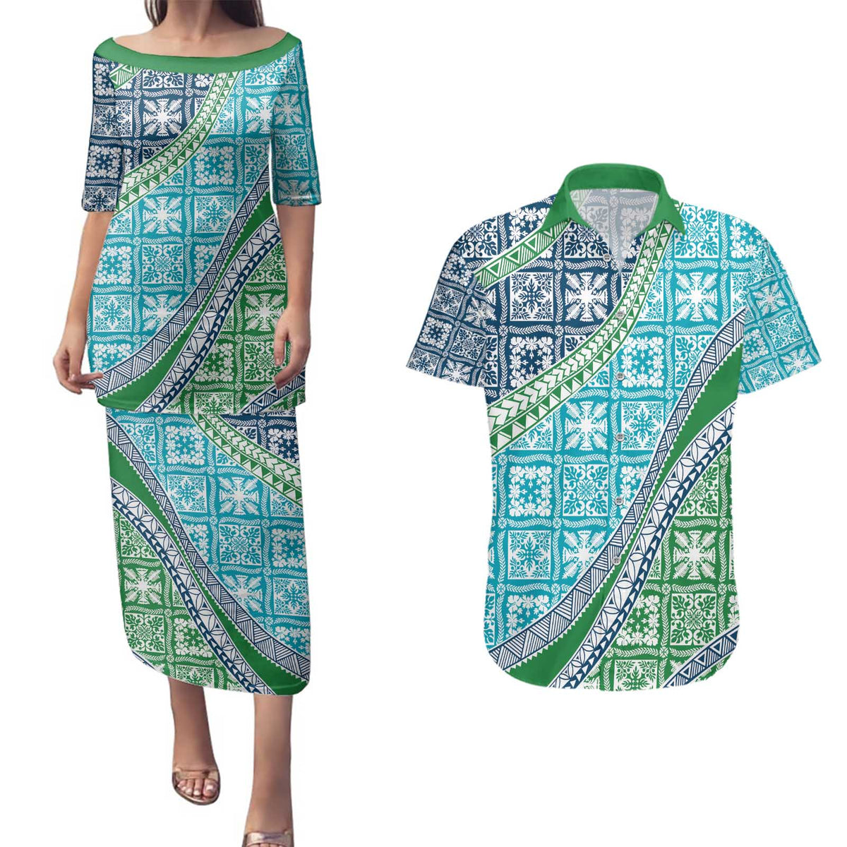 Hawaiian Quilt Pattern Couples Matching Puletasi and Hawaiian Shirt Fresh Color Mixed - Polynesian Pride