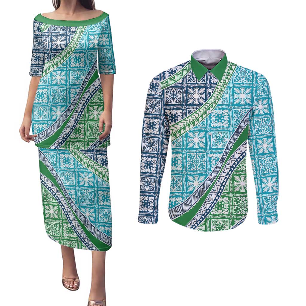 Hawaiian Quilt Pattern Couples Matching Puletasi and Long Sleeve Button Shirt Fresh Color Mixed LT01 Green - Polynesian Pride