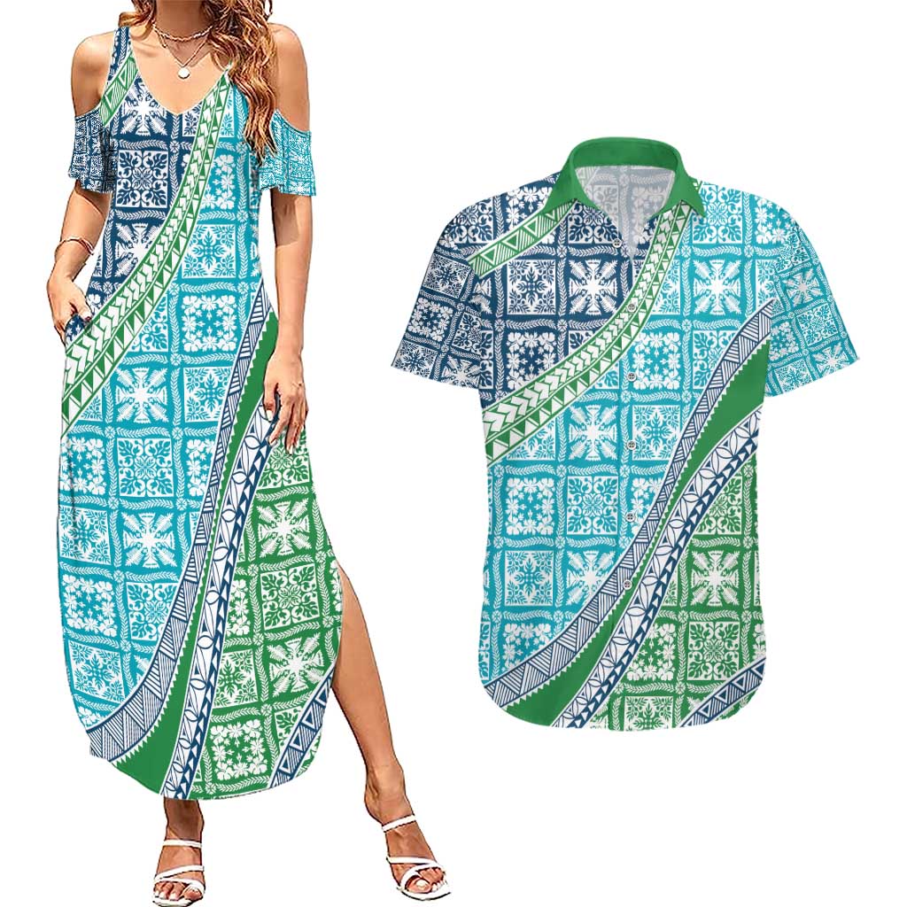 Hawaiian Quilt Pattern Couples Matching Summer Maxi Dress and Hawaiian Shirt Fresh Color Mixed LT01 Green - Polynesian Pride