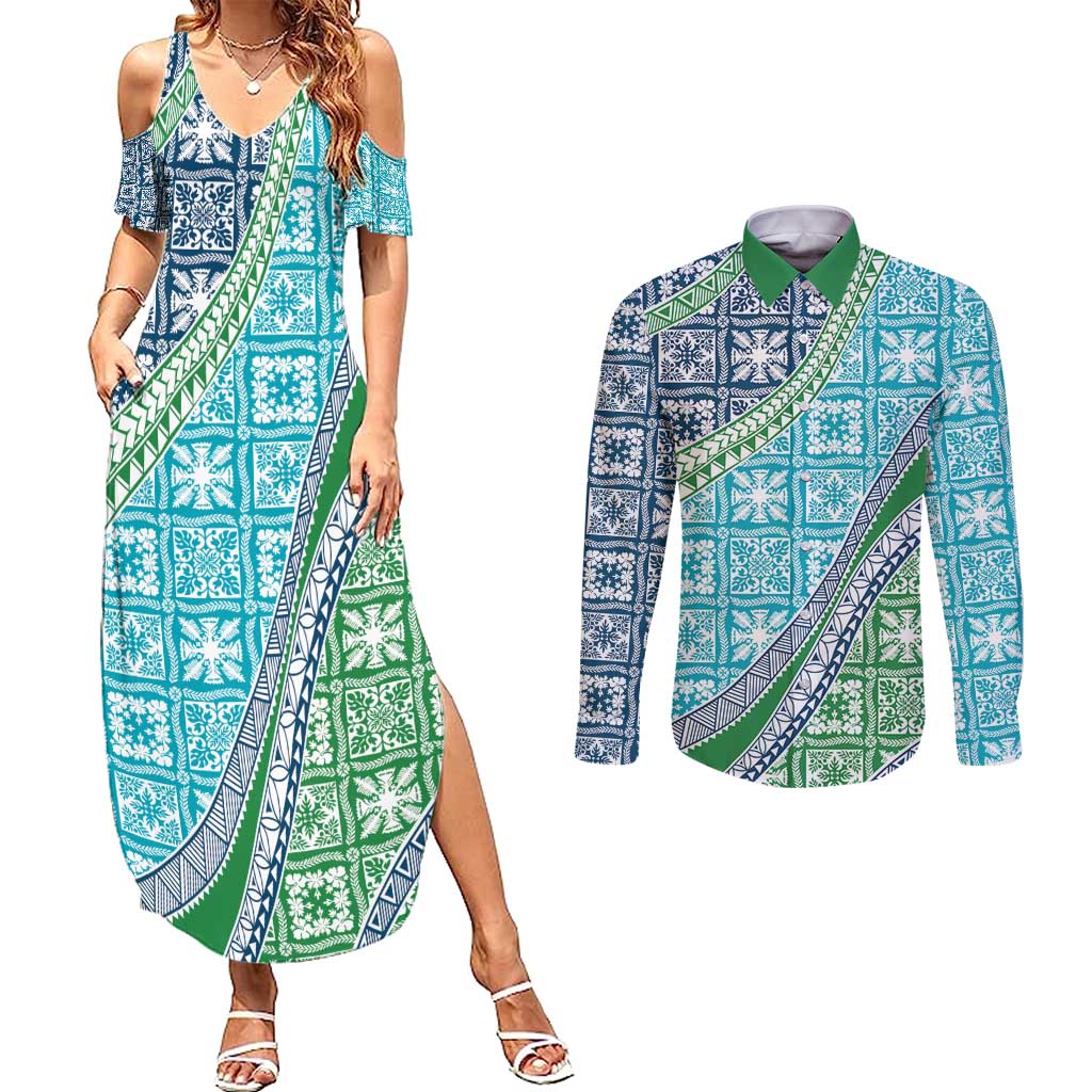 Hawaiian Quilt Pattern Couples Matching Summer Maxi Dress and Long Sleeve Button Shirt Fresh Color Mixed LT01 Green - Polynesian Pride