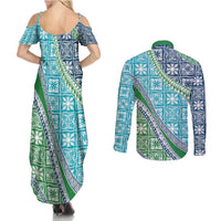 Hawaiian Quilt Pattern Couples Matching Summer Maxi Dress and Long Sleeve Button Shirt Fresh Color Mixed - Polynesian Pride