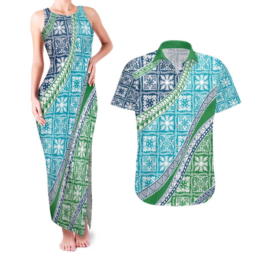 Hawaiian Quilt Pattern Couples Matching Tank Maxi Dress and Hawaiian Shirt Fresh Color Mixed LT01 Green - Polynesian Pride