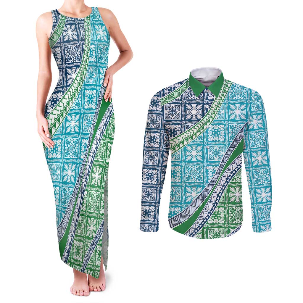 Hawaiian Quilt Pattern Couples Matching Tank Maxi Dress and Long Sleeve Button Shirt Fresh Color Mixed LT01 Green - Polynesian Pride