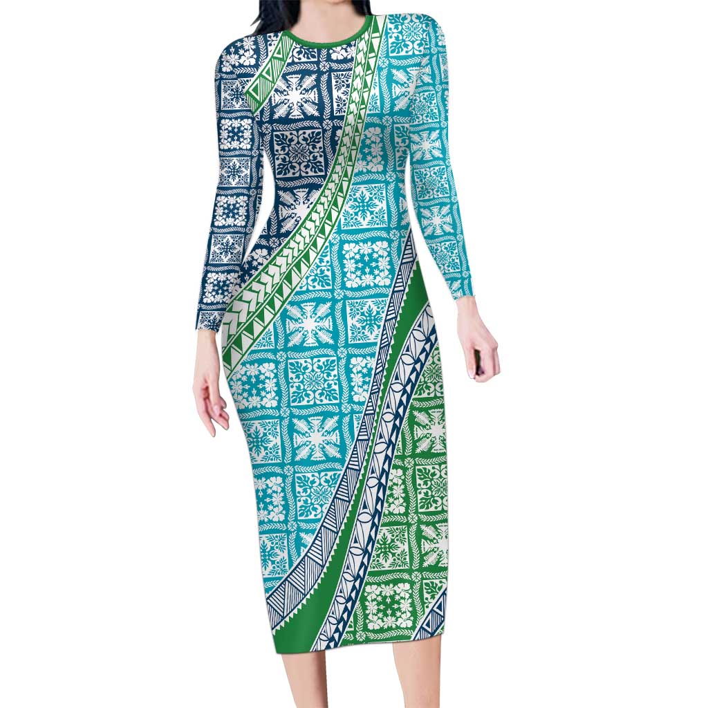 Hawaiian Quilt Pattern Family Matching Long Sleeve Bodycon Dress and Hawaiian Shirt Fresh Color Mixed LT01 Mom's Dress Green - Polynesian Pride