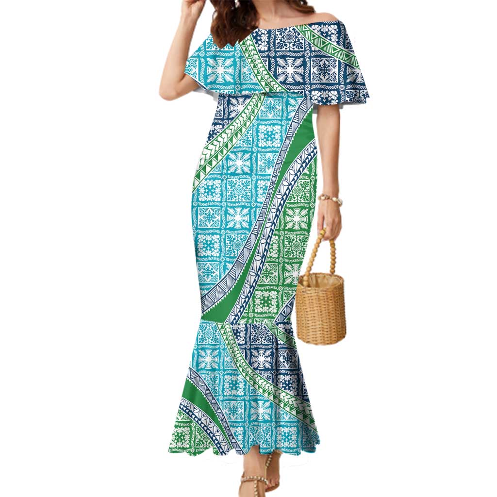 Hawaiian Quilt Pattern Family Matching Mermaid Dress and Hawaiian Shirt Fresh Color Mixed LT01 Mom's Dress Green - Polynesian Pride
