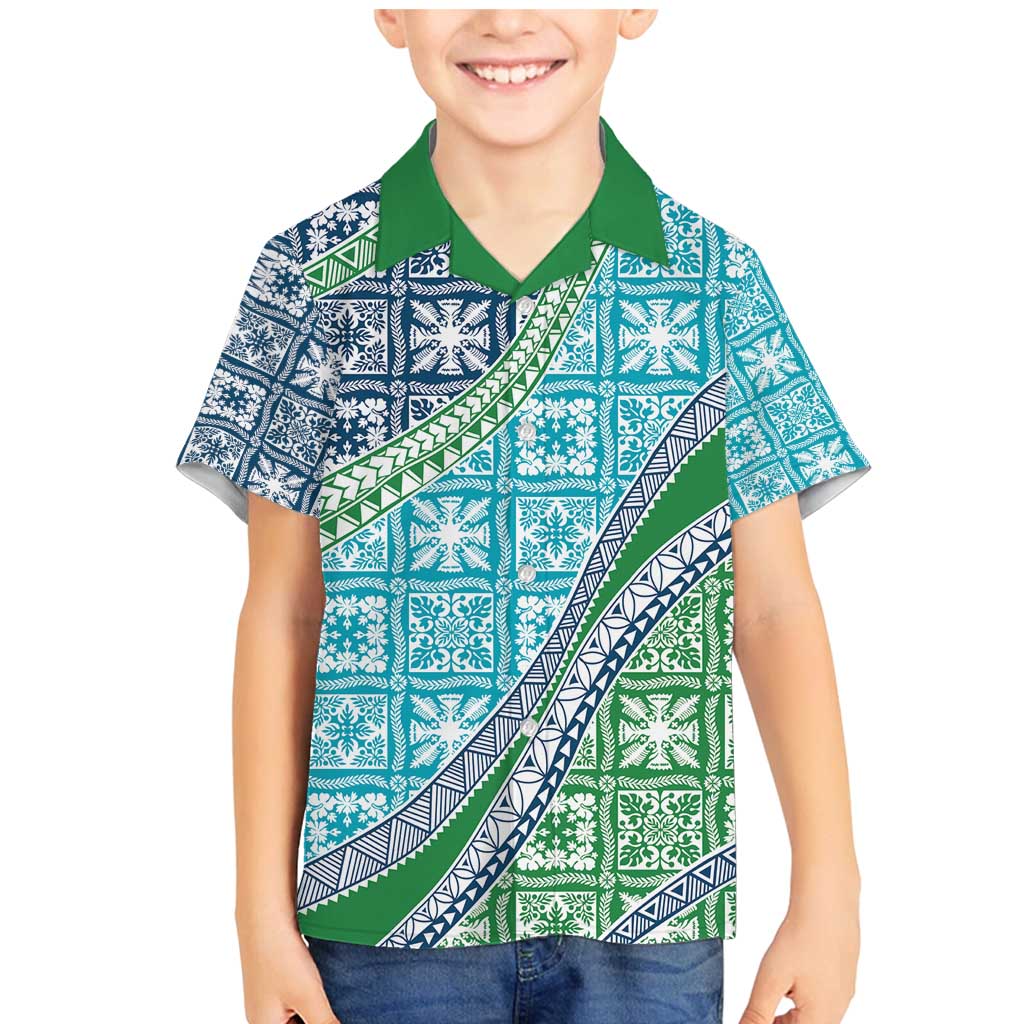 Hawaiian Quilt Pattern Family Matching Mermaid Dress and Hawaiian Shirt Fresh Color Mixed LT01 Son's Shirt Green - Polynesian Pride