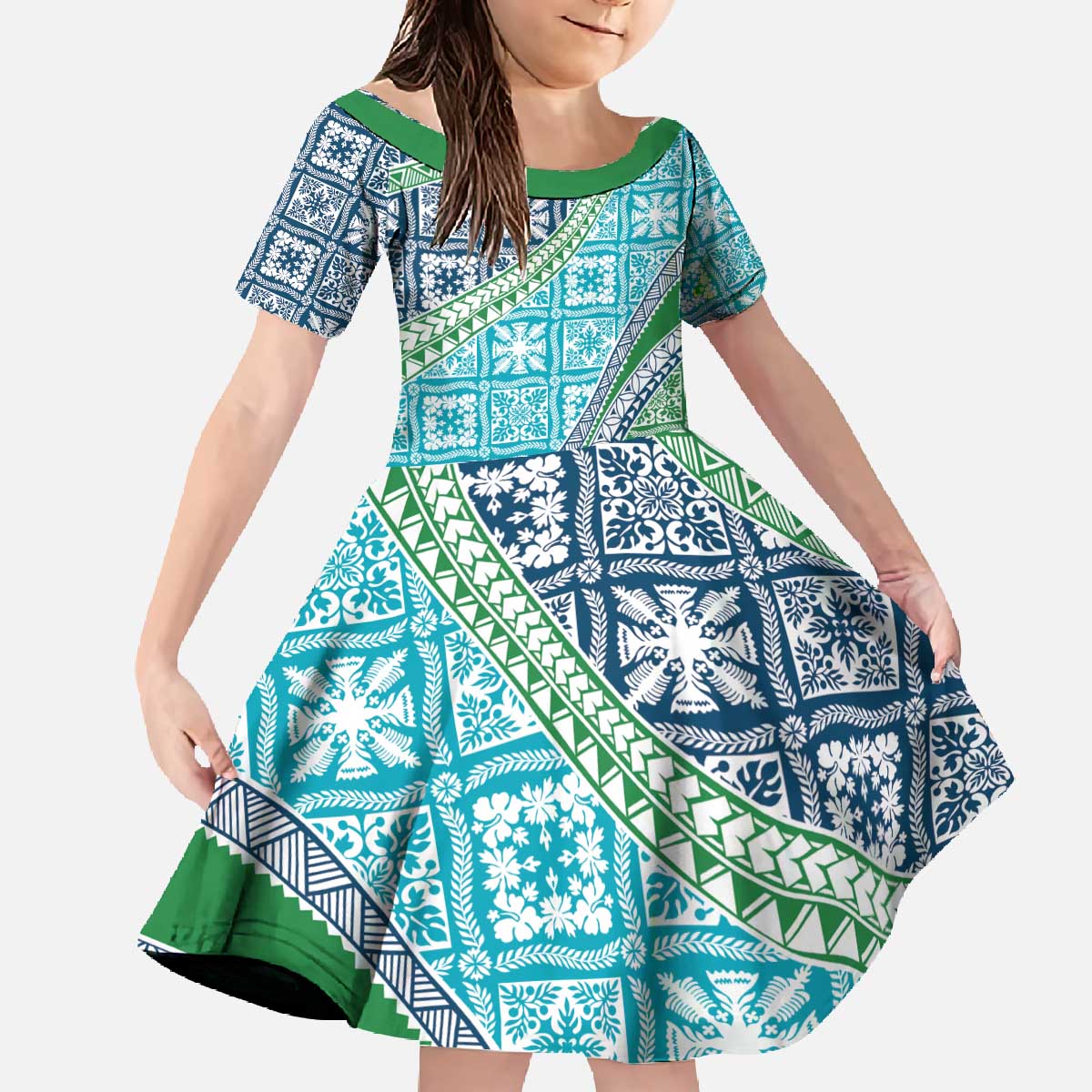 Hawaiian Quilt Pattern Family Matching Off The Shoulder Long Sleeve Dress and Hawaiian Shirt Fresh Color Mixed LT01 Daughter's Dress Green - Polynesian Pride