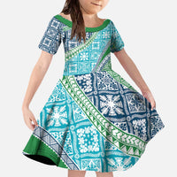 Hawaiian Quilt Pattern Family Matching Off The Shoulder Long Sleeve Dress and Hawaiian Shirt Fresh Color Mixed LT01 Daughter's Dress Green - Polynesian Pride
