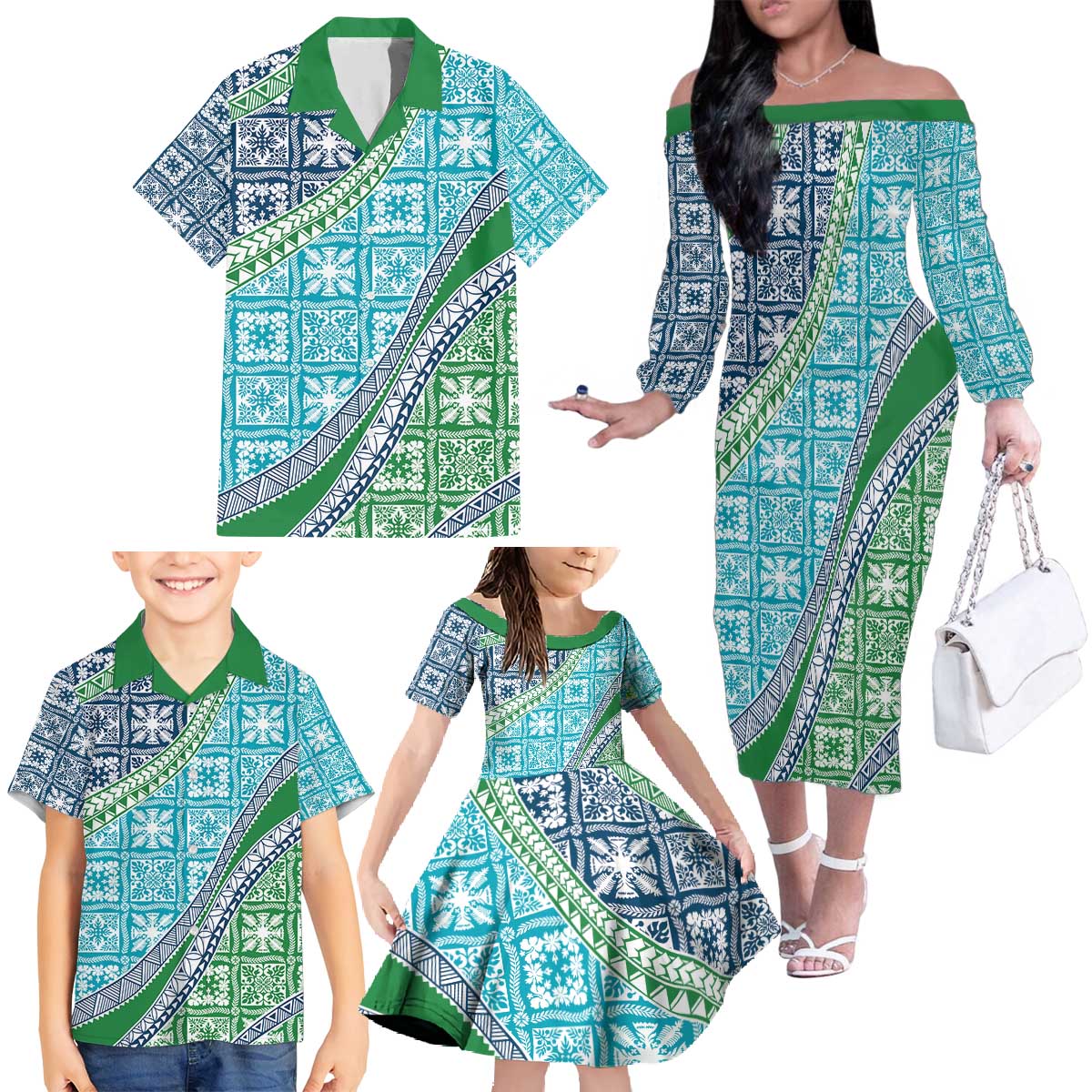 Hawaiian Quilt Pattern Family Matching Off The Shoulder Long Sleeve Dress and Hawaiian Shirt Fresh Color Mixed LT01 - Polynesian Pride