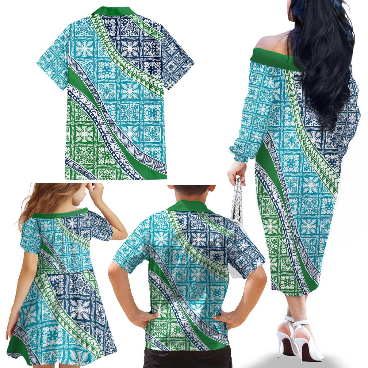 Hawaiian Quilt Pattern Family Matching Off The Shoulder Long Sleeve Dress and Hawaiian Shirt Fresh Color Mixed LT01 - Polynesian Pride