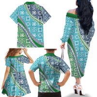 Hawaiian Quilt Pattern Family Matching Off The Shoulder Long Sleeve Dress and Hawaiian Shirt Fresh Color Mixed LT01 - Polynesian Pride