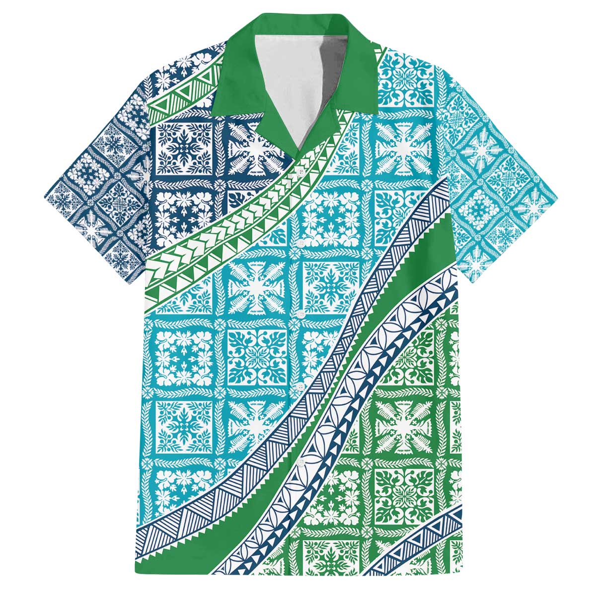 Hawaiian Quilt Pattern Family Matching Off The Shoulder Long Sleeve Dress and Hawaiian Shirt Fresh Color Mixed LT01 Dad's Shirt - Short Sleeve Green - Polynesian Pride