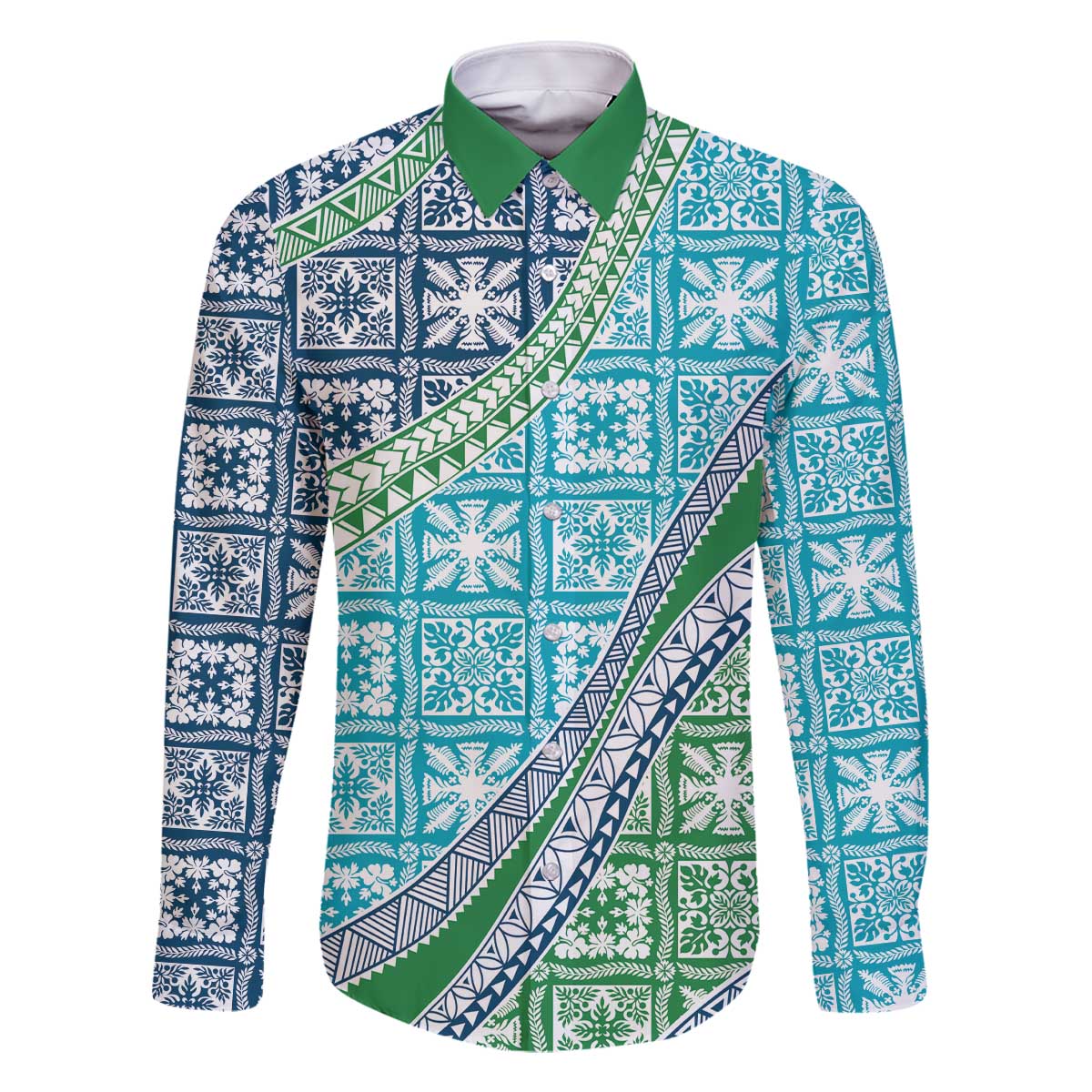 Hawaiian Quilt Pattern Family Matching Off The Shoulder Long Sleeve Dress and Hawaiian Shirt Fresh Color Mixed LT01 Dad's Shirt - Long Sleeve Green - Polynesian Pride