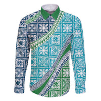 Hawaiian Quilt Pattern Family Matching Off The Shoulder Long Sleeve Dress and Hawaiian Shirt Fresh Color Mixed LT01 Dad's Shirt - Long Sleeve Green - Polynesian Pride