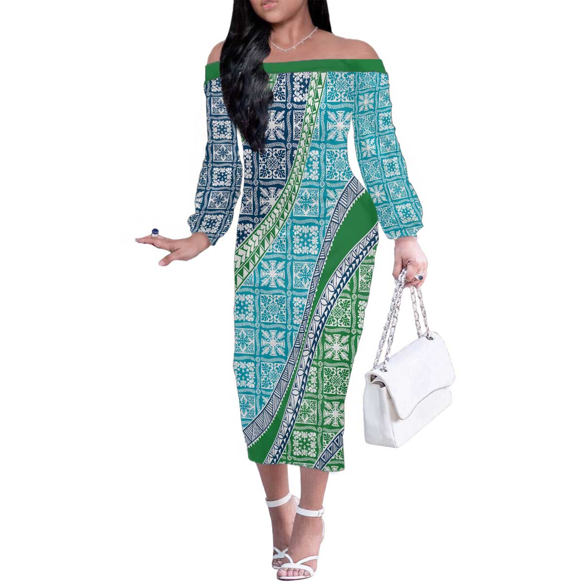 Hawaiian Quilt Pattern Family Matching Off The Shoulder Long Sleeve Dress and Hawaiian Shirt Fresh Color Mixed LT01 Mom's Dress Green - Polynesian Pride