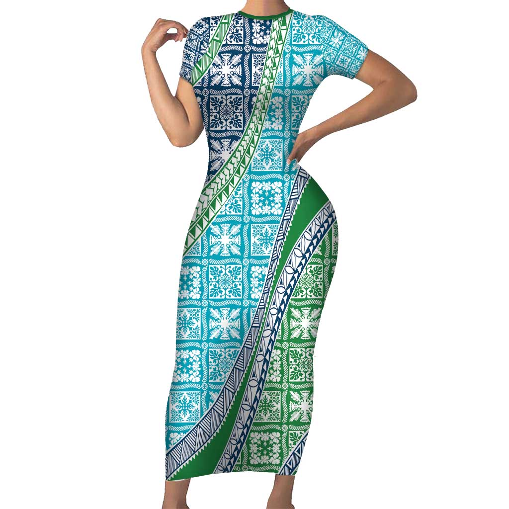 Hawaiian Quilt Pattern Family Matching Short Sleeve Bodycon Dress and Hawaiian Shirt Fresh Color Mixed LT01 Mom's Dress Green - Polynesian Pride