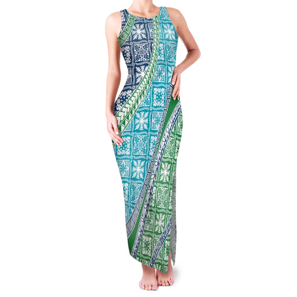 Hawaiian Quilt Pattern Family Matching Tank Maxi Dress and Hawaiian Shirt Fresh Color Mixed LT01 Mom's Dress Green - Polynesian Pride