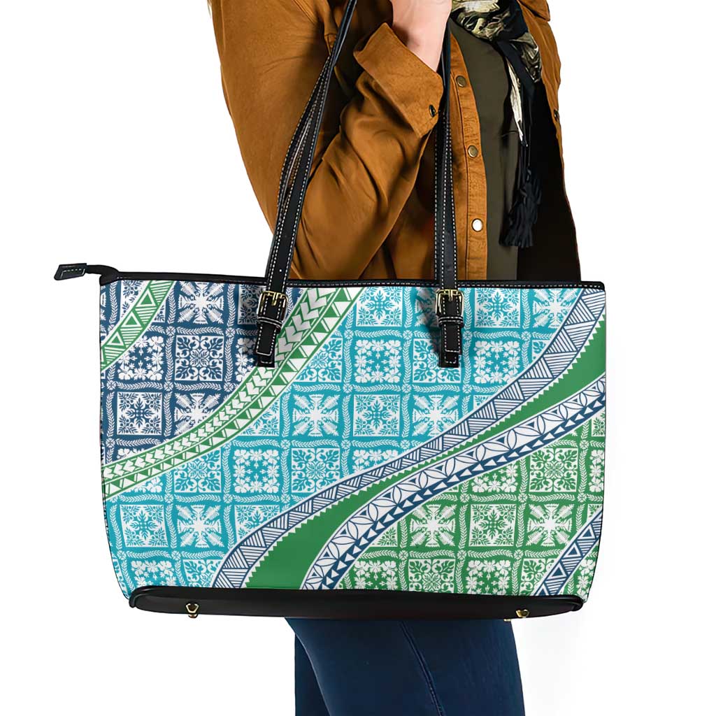Hawaiian Quilt Pattern Leather Tote Bag Fresh Color Mixed - Polynesian Pride