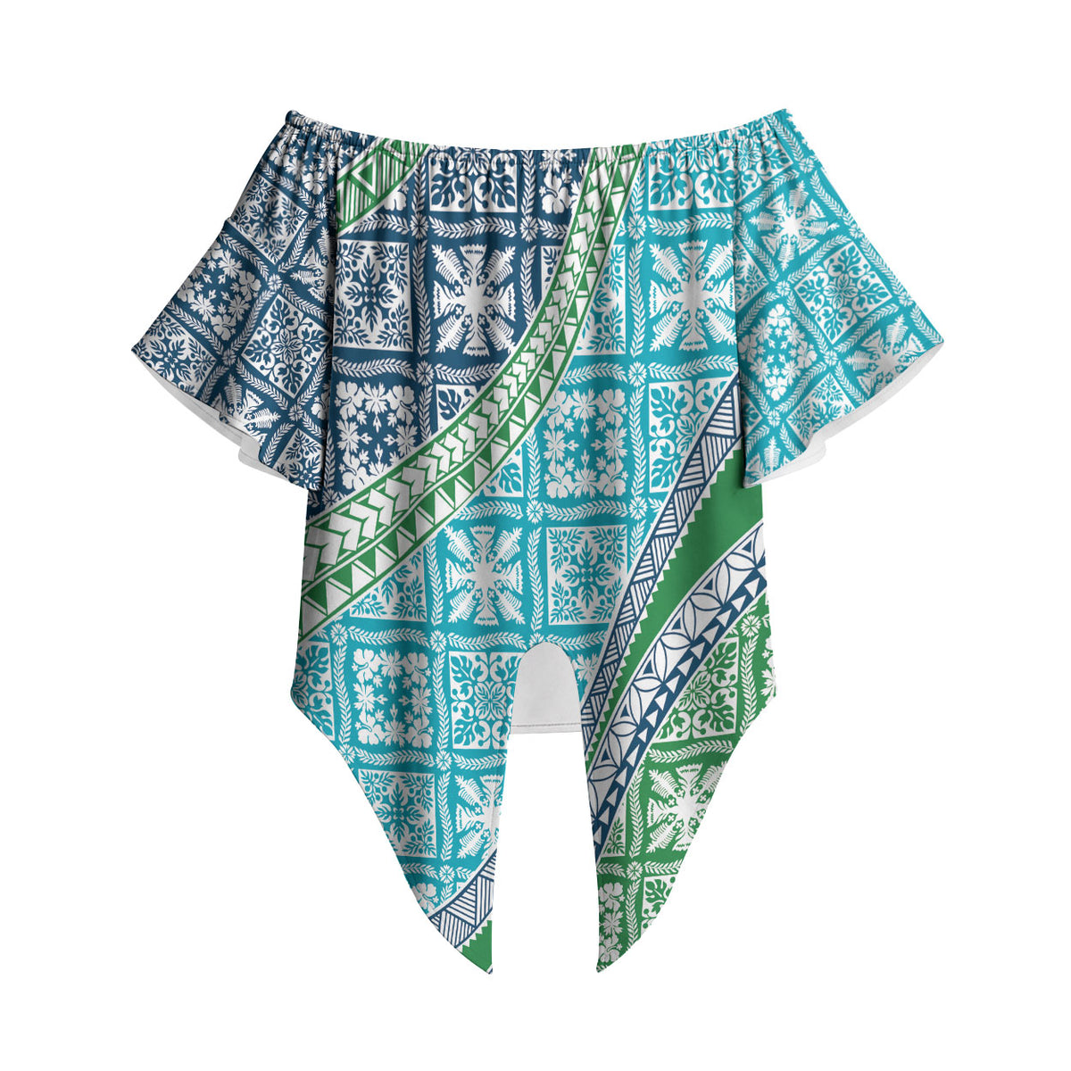 Hawaiian Quilt Pattern Off Shoulder Wrap Waist Top Fresh Color Mixed LT01 Green - Polynesian Pride