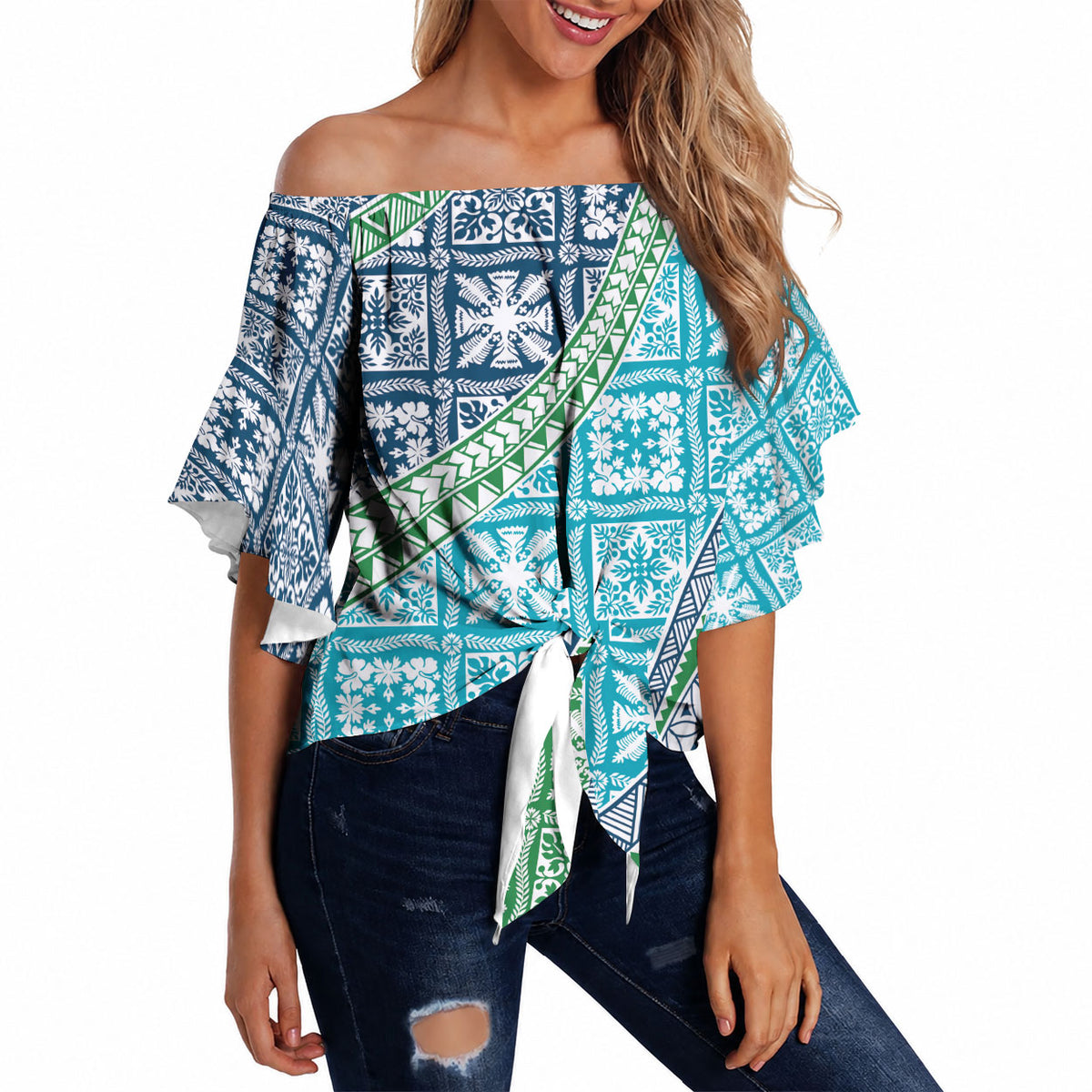 Hawaiian Quilt Pattern Off Shoulder Wrap Waist Top Fresh Color Mixed LT01 - Polynesian Pride